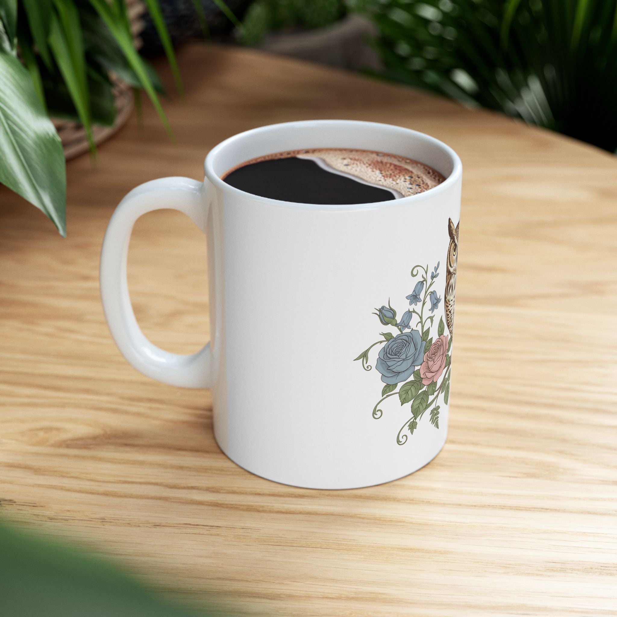Owl & Rose Ceramic Mug — Vintage Botanical Coffee Cup (11oz/15oz)