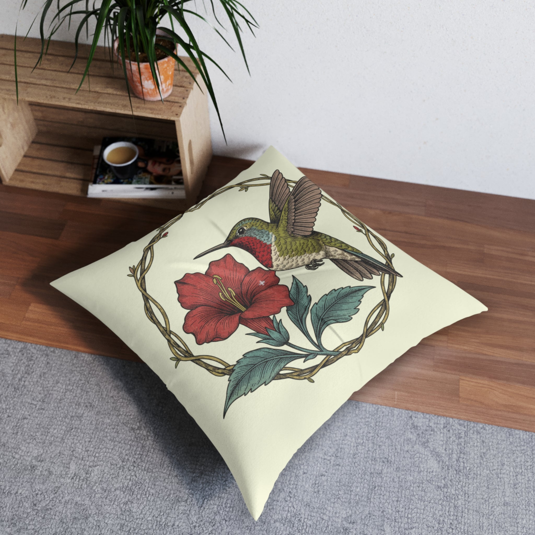 Hummingbird & Red Hibiscus Floor Pillow