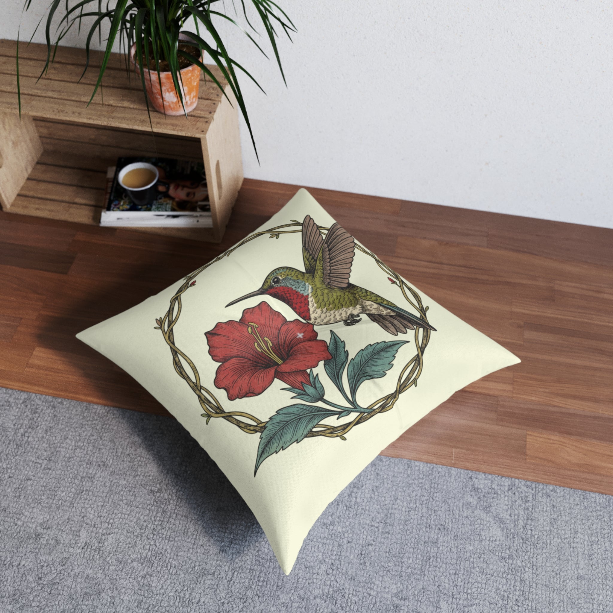 Hummingbird & Red Hibiscus Floor Pillow
