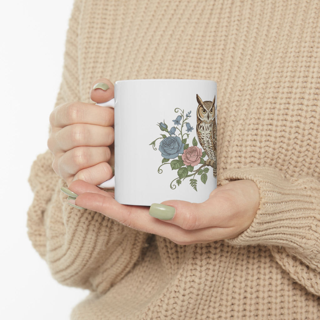 Owl & Rose Ceramic Mug — Vintage Botanical Coffee Cup (11oz/15oz)
