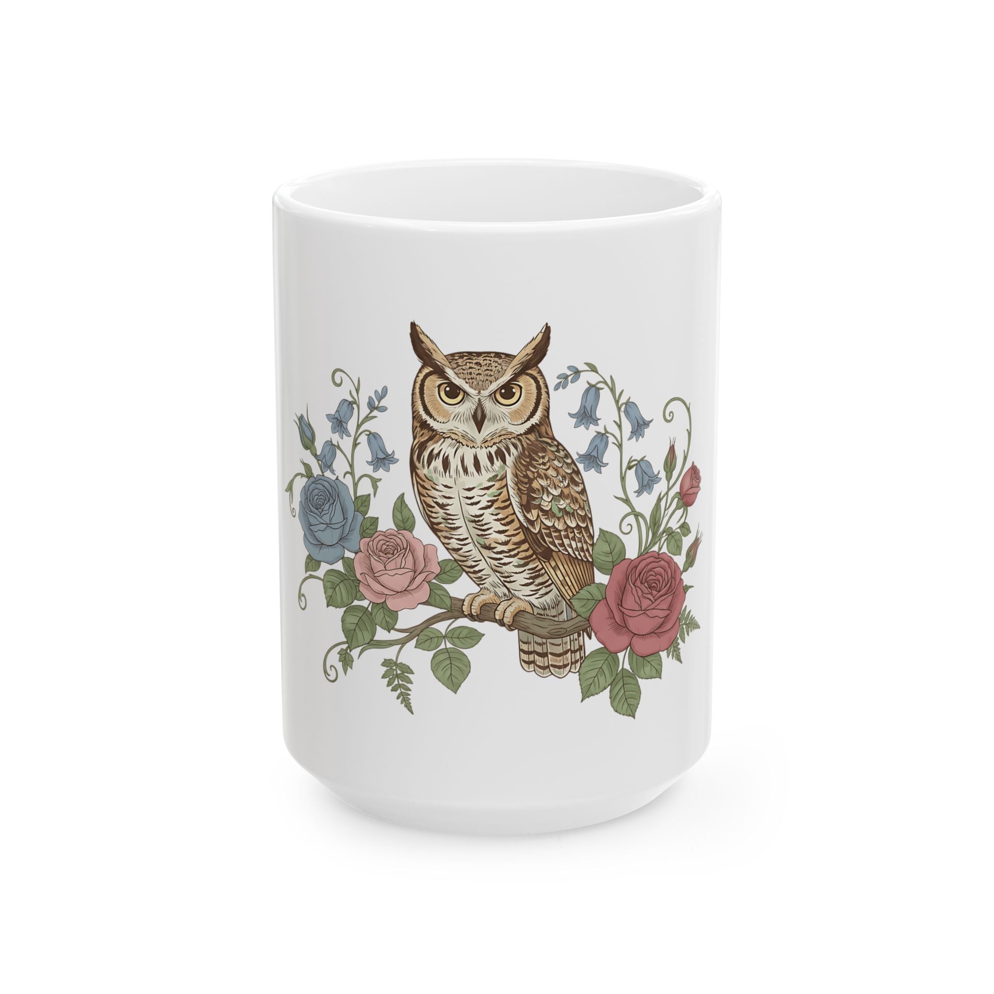 Owl & Rose Ceramic Mug — Vintage Botanical Coffee Cup (11oz/15oz)
