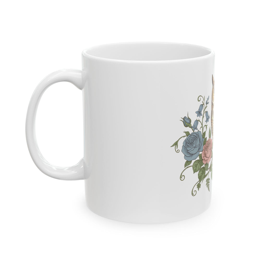 Owl & Rose Ceramic Mug — Vintage Botanical Coffee Cup (11oz/15oz)