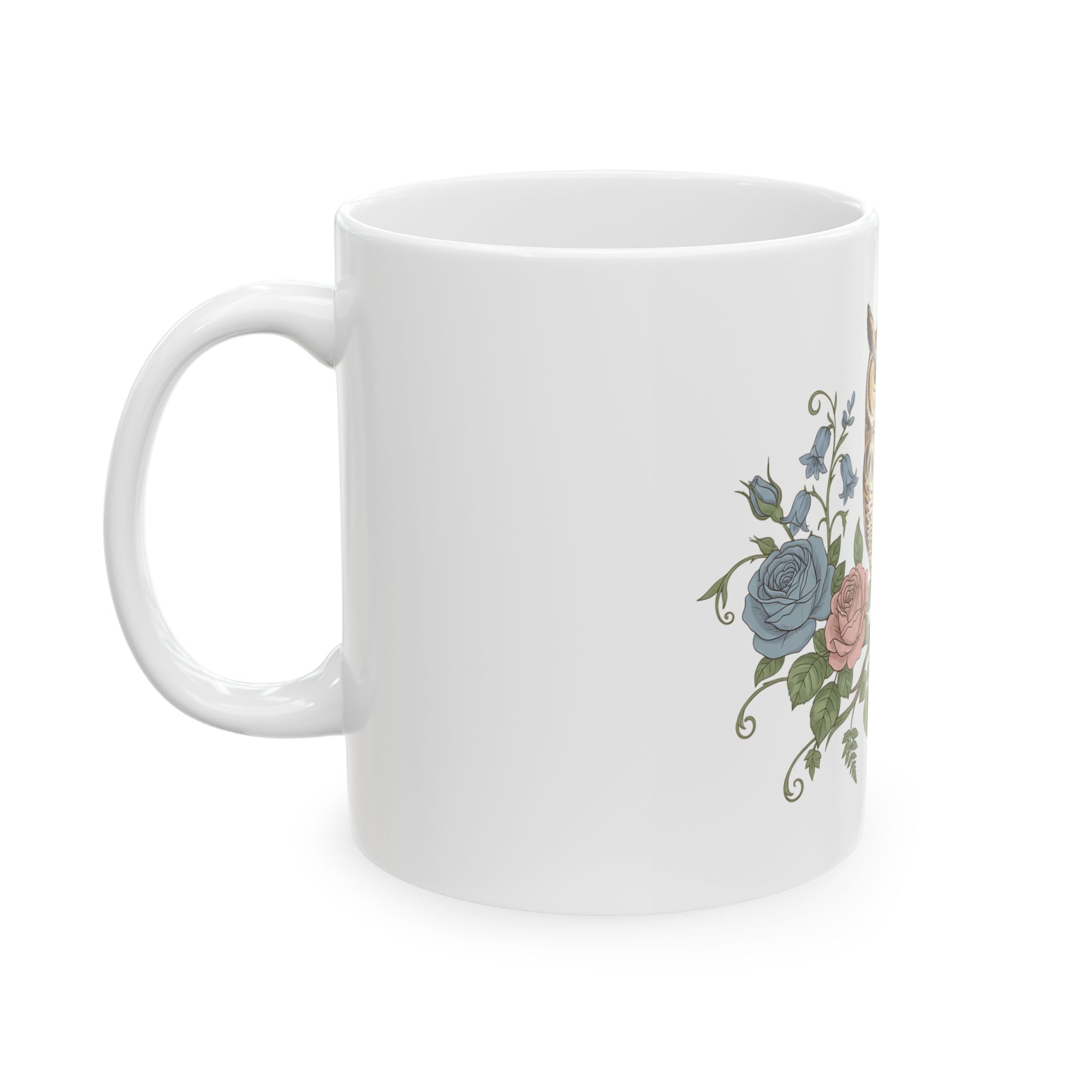 Owl & Rose Ceramic Mug — Vintage Botanical Coffee Cup (11oz/15oz)
