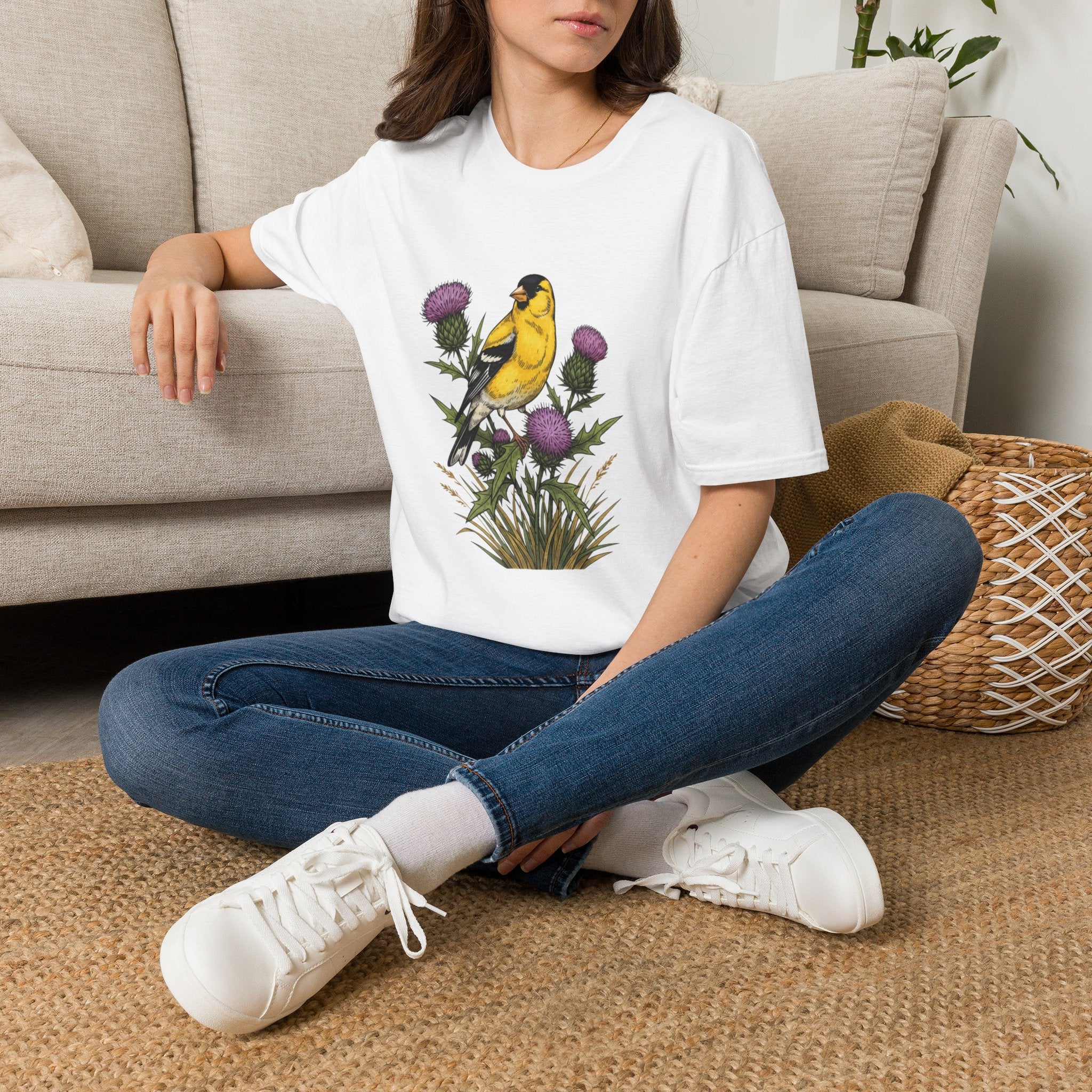 Goldfinch & Thistle T-Shirt — Botanical Bird Illustration Tee